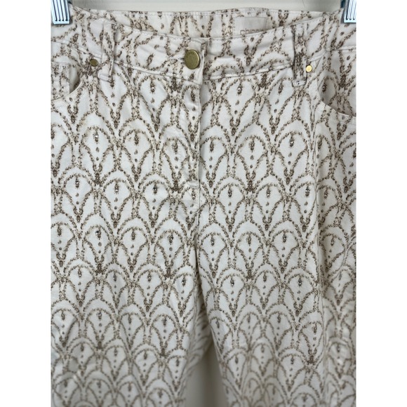 Chicos Pants Womens Size 1.5 (10) White Gold Art Deco Print Embellished Cropped - Picture 3 of 13